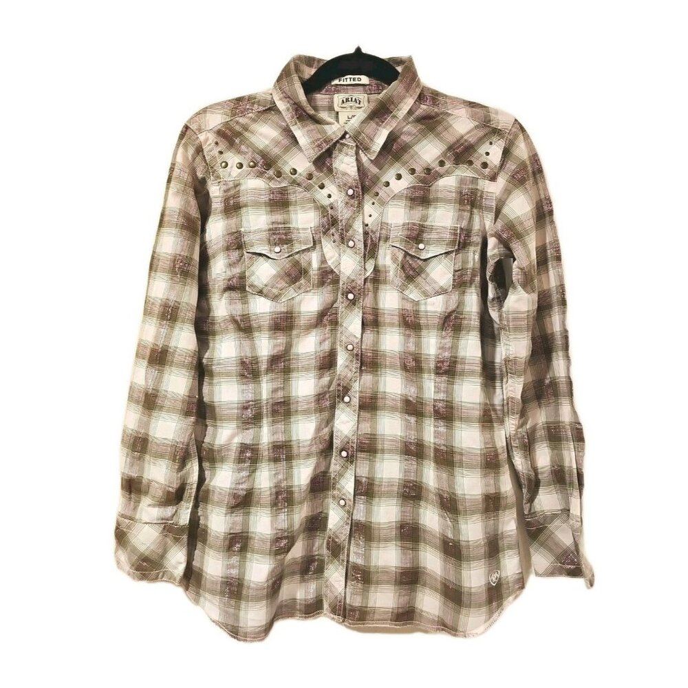 Ariat Women's Studded Pink Plaid Long Sleeve Evelyn Snap Western Shirt Sz Large